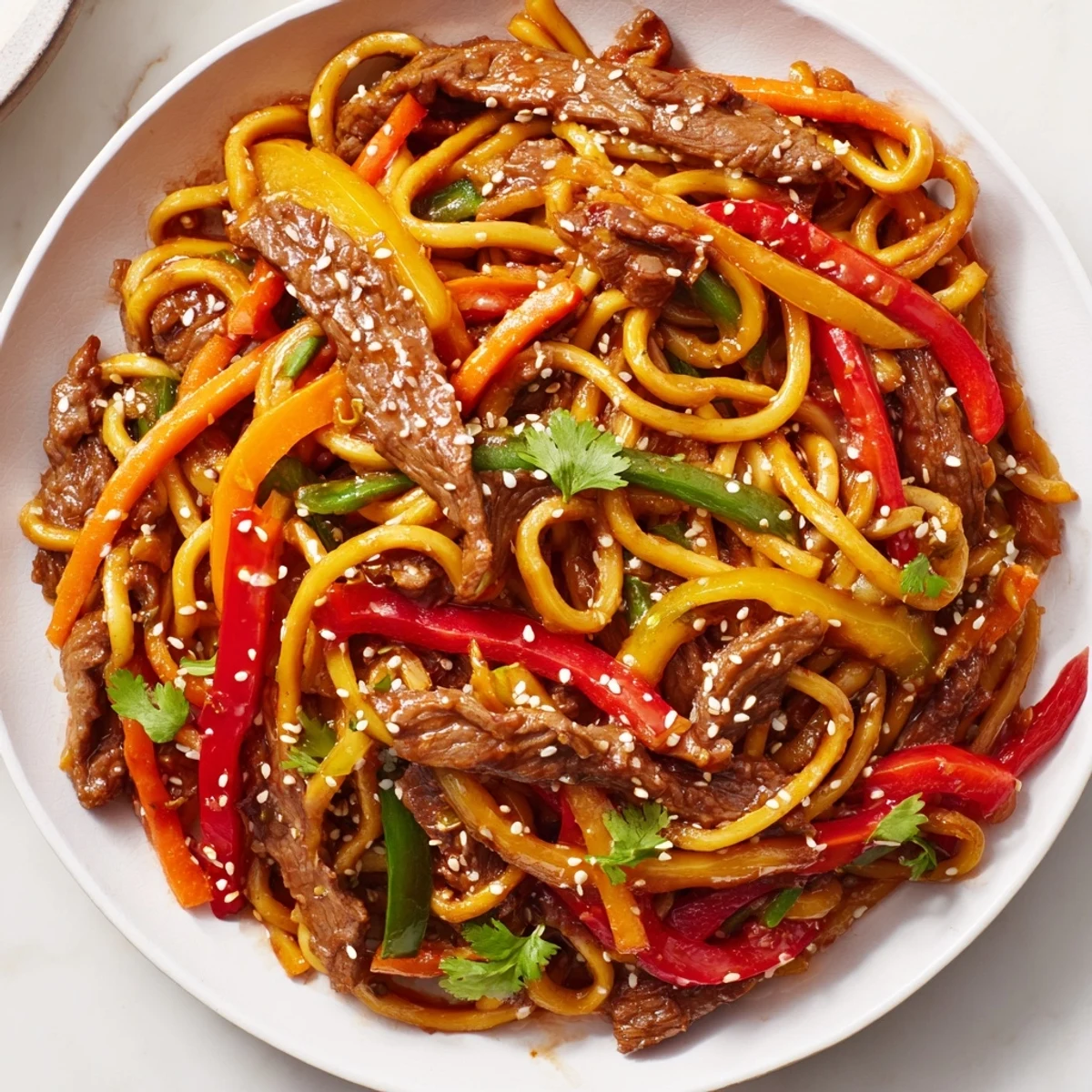 A steaming plate of Spicy Beef Stir Fry with Noodles, garnished with fresh cilantro and sesame seeds, ready to serve for a weeknight dinner. 