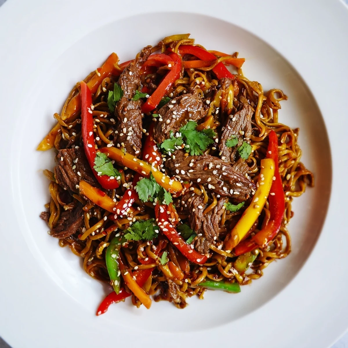 Wok-tossed Spicy Beef Stir Fry with Noodles showing colorful julienned carrots and vibrant bell peppers mixed with chewy noodles in a rich sauce.