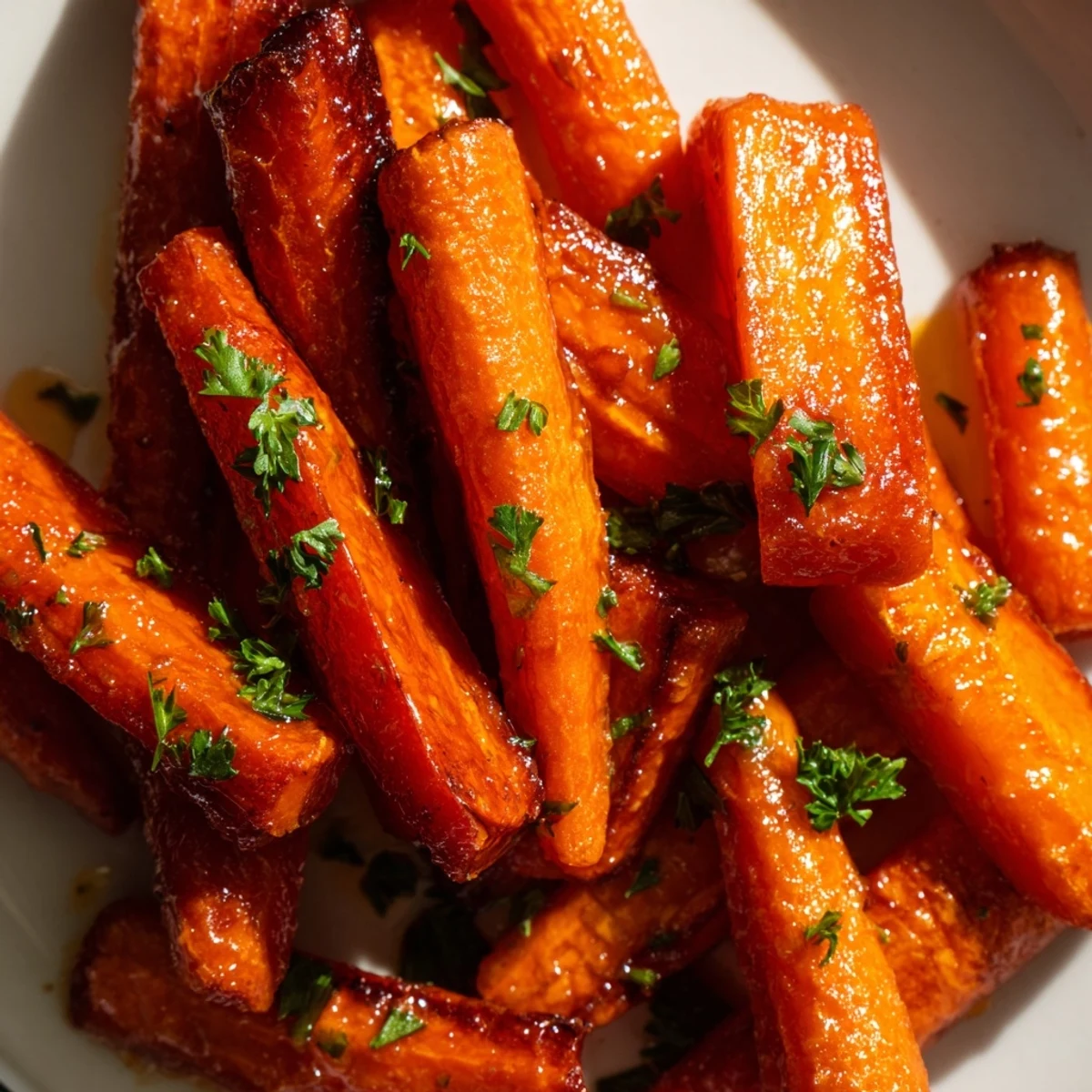 Golden Roasted Carrots with Maple Glaze paired with a fork, showcasing their tender texture and vibrant orange hue.