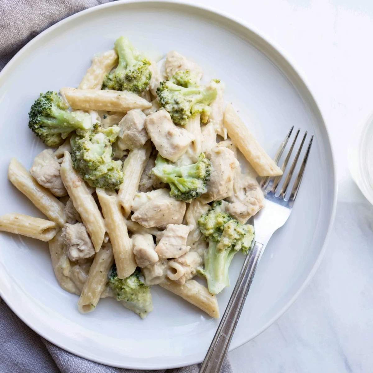Creamy Broccoli Pasta with Chicken served steaming in a skillet, with tender chicken pieces, al dente pasta, and vibrant green broccoli florets coated in a rich Parmesan sauce.