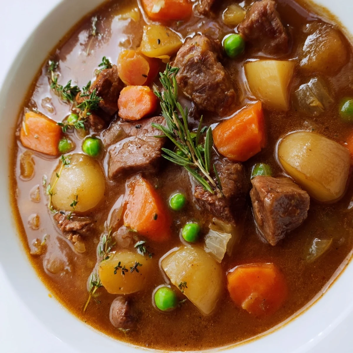 Hearty Slow Cooker Beef and Vegetable Stew served in a rustic bowl, garnished with fresh thyme and accompanied by a slice of crusty bread for dipping.