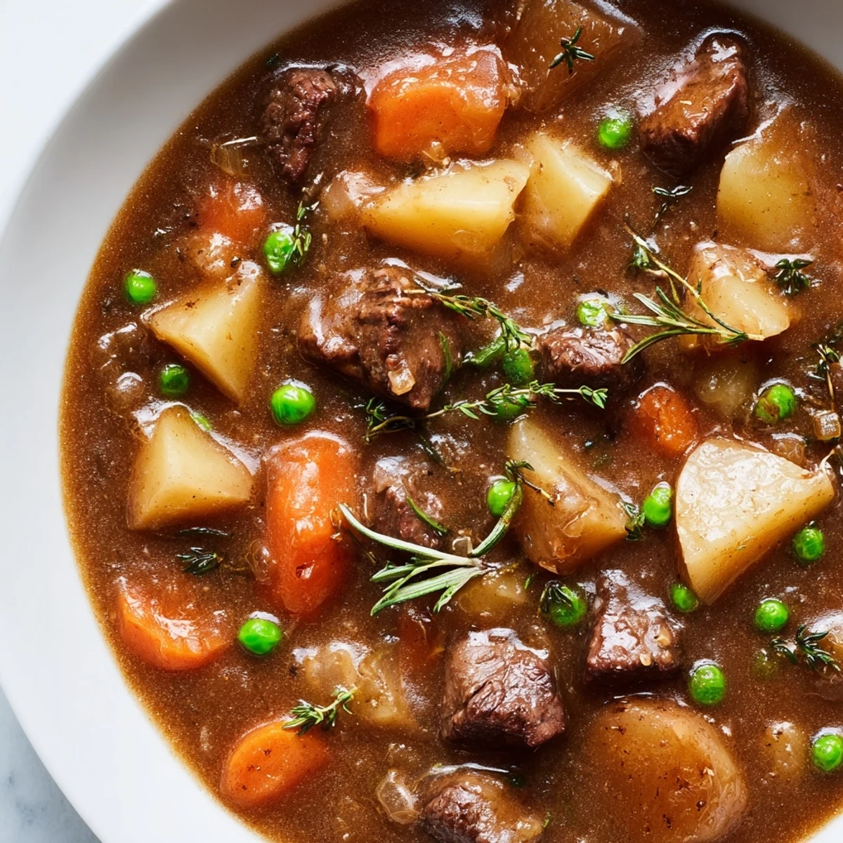 Golden slow cooker beef and vegetable stew steaming in a ceramic insert, featuring tender chunks of beef nestled among carrots, potatoes, and peas in a rich, aromatic broth.