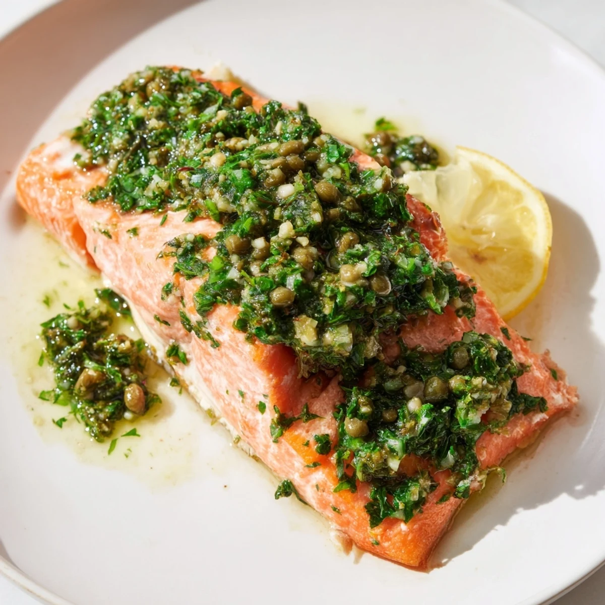 Golden-brown baked salmon fillets topped with a vibrant green salsa verde, served on a white plate with lemon wedges.  