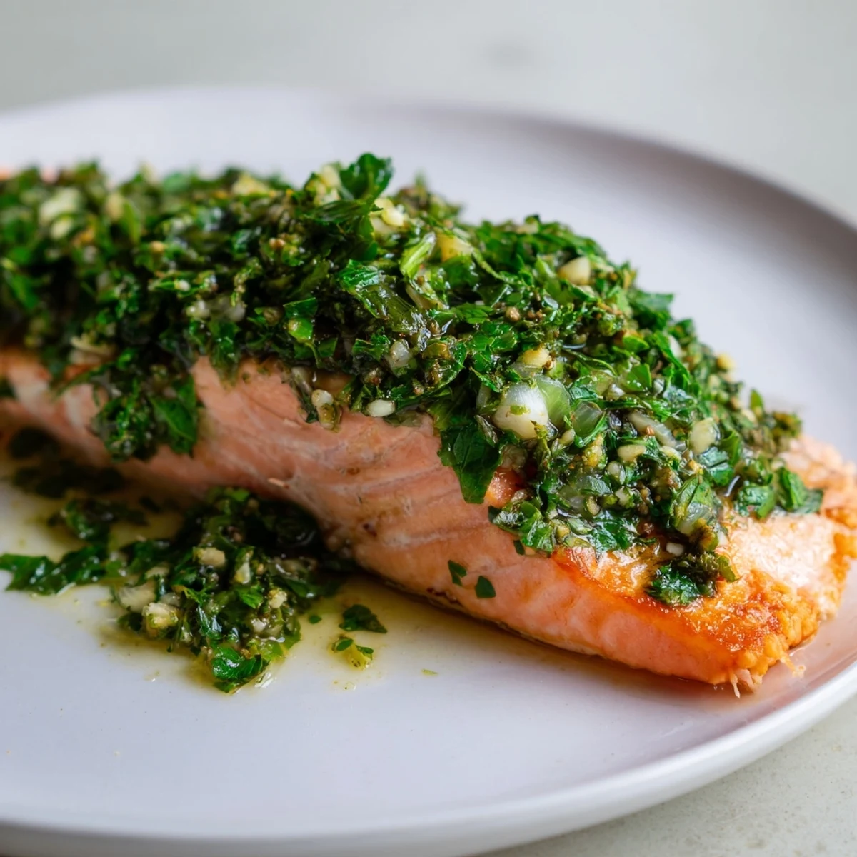 Freshly baked salmon with herbaceous salsa verde garnished with parsley, served alongside roasted potatoes and a crisp green salad.  
