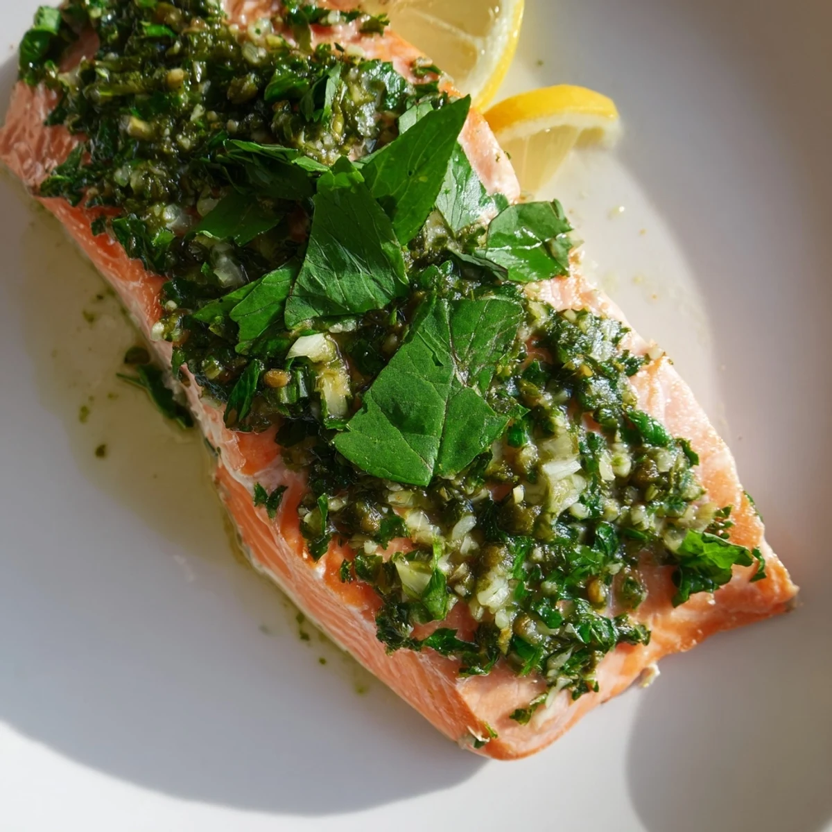 Flaky, oven-baked salmon fillets drenched in zesty salsa verde, ready to enjoy with a chilled glass of white wine.