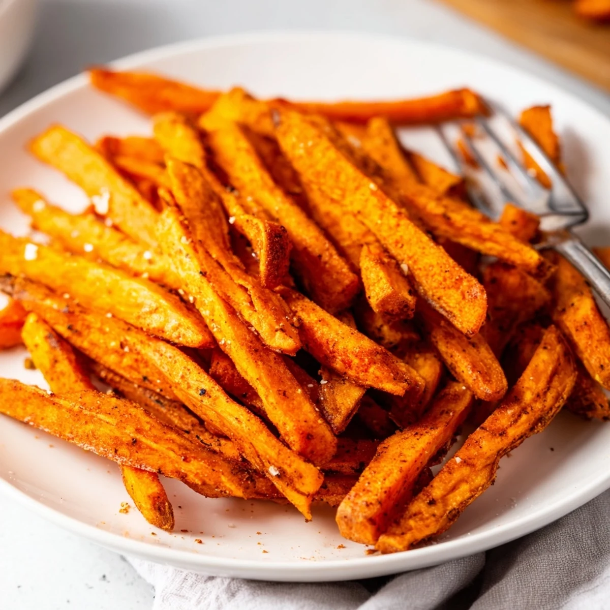 Golden crispy Air Fryer Sweet Potato Fries served in a rustic basket with chipotle mayo for dipping.