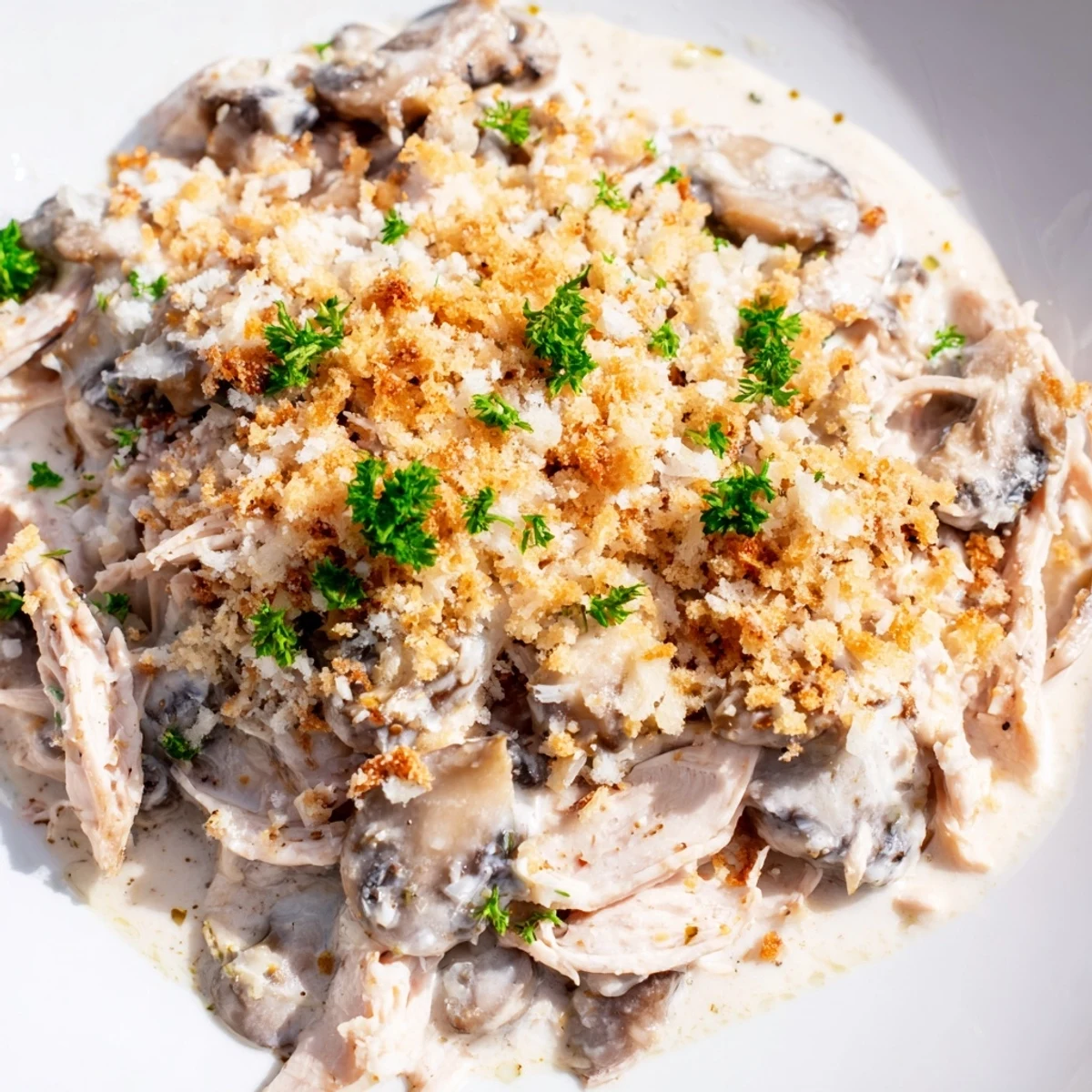 A close-up of creamy Turkey Tetrazzini with mushrooms, baked golden-brown in a casserole dish and garnished with fresh parsley.