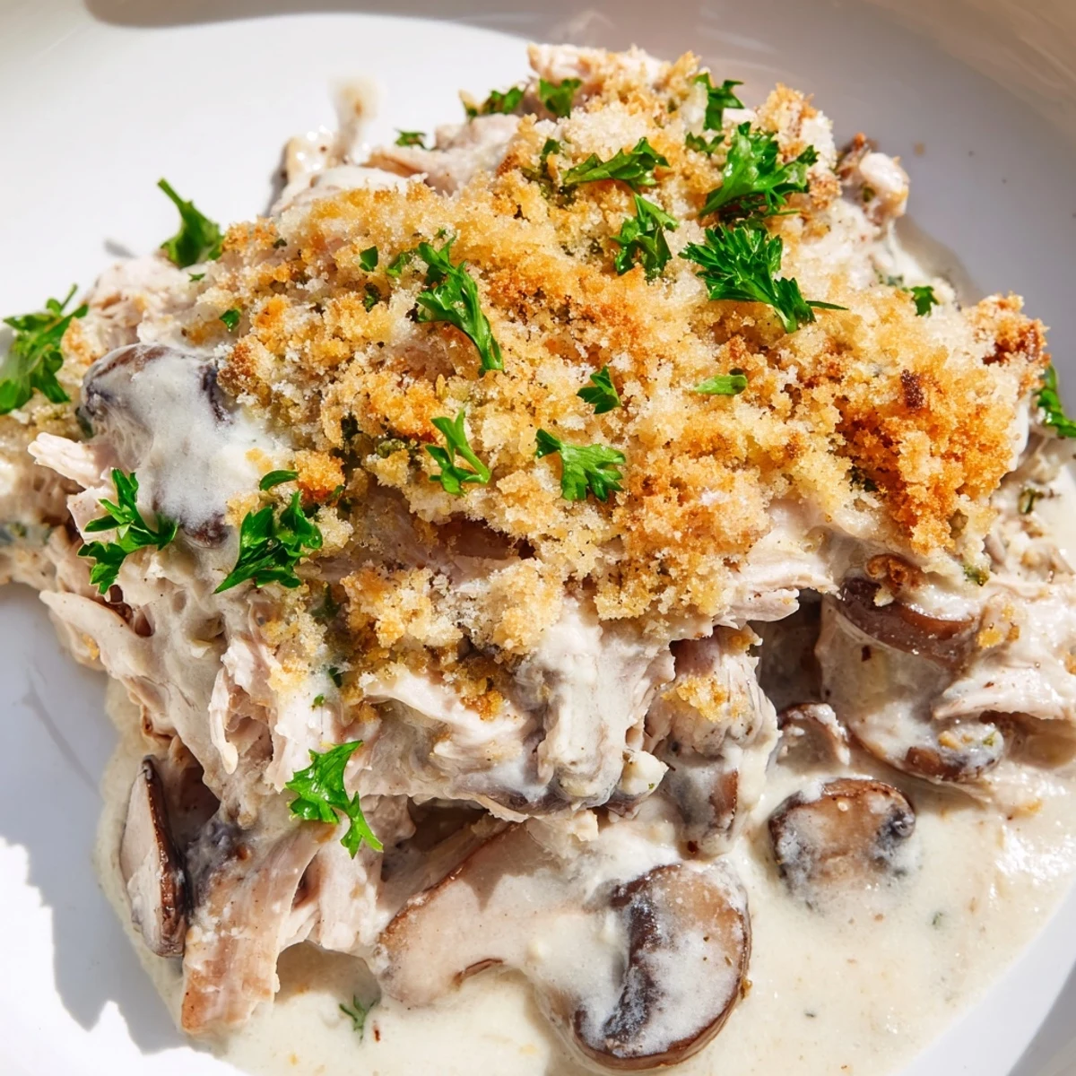 A slice of cheesy Turkey Tetrazzini with mushrooms being served from a baking dish, revealing the rich, creamy pasta inside.