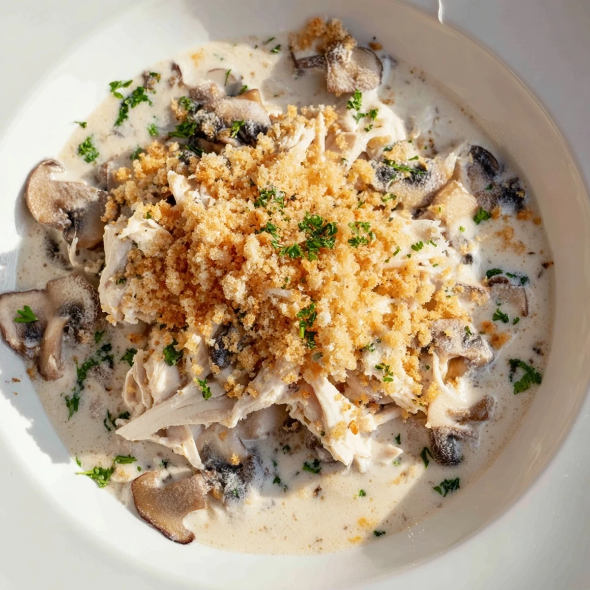 Golden, bubbling Turkey Tetrazzini with mushrooms in a ceramic dish, topped with melted Parmesan and toasted breadcrumbs.