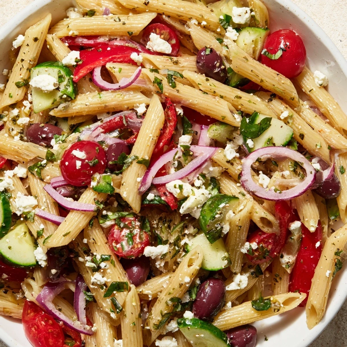 A close-up of Mediterranean pasta salad with olives, showcasing a colorful mix of penne, tomatoes, cucumber, and crumbled feta cheese.