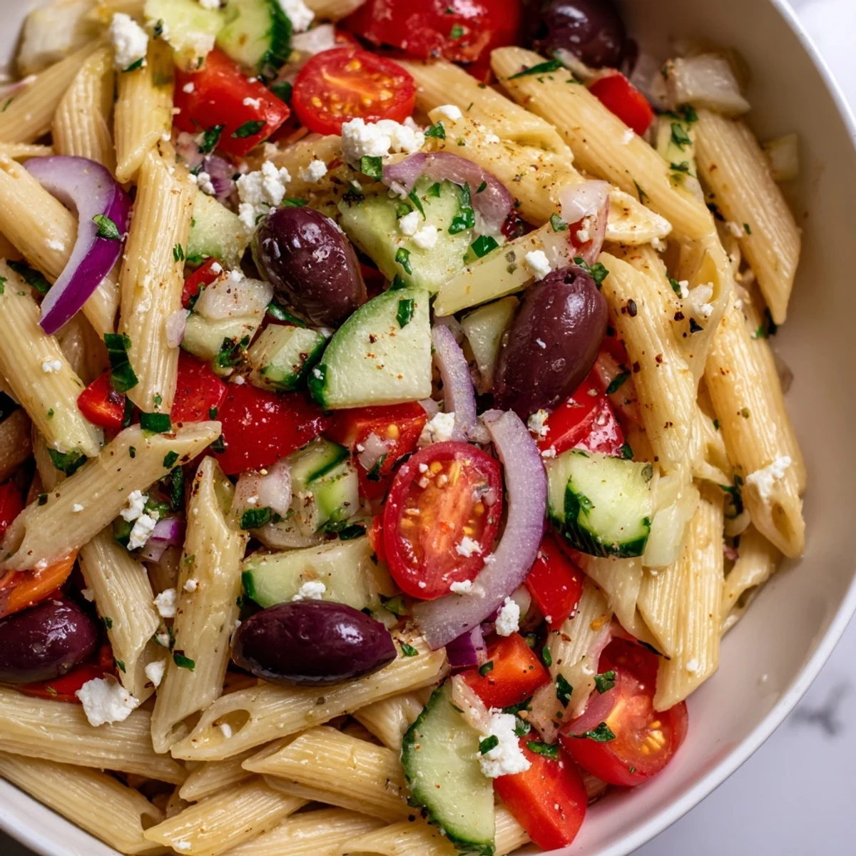 Chilled Mediterranean pasta salad in a white bowl, featuring briny Kalamata olives, crisp bell peppers, and fresh parsley tossed in a zesty vinaigrette.
