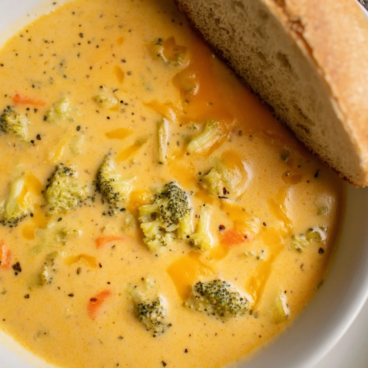 A steaming bowl of creamy broccoli cheddar soup garnished with melted cheddar, served alongside a warm, crusty bread slice for dipping.