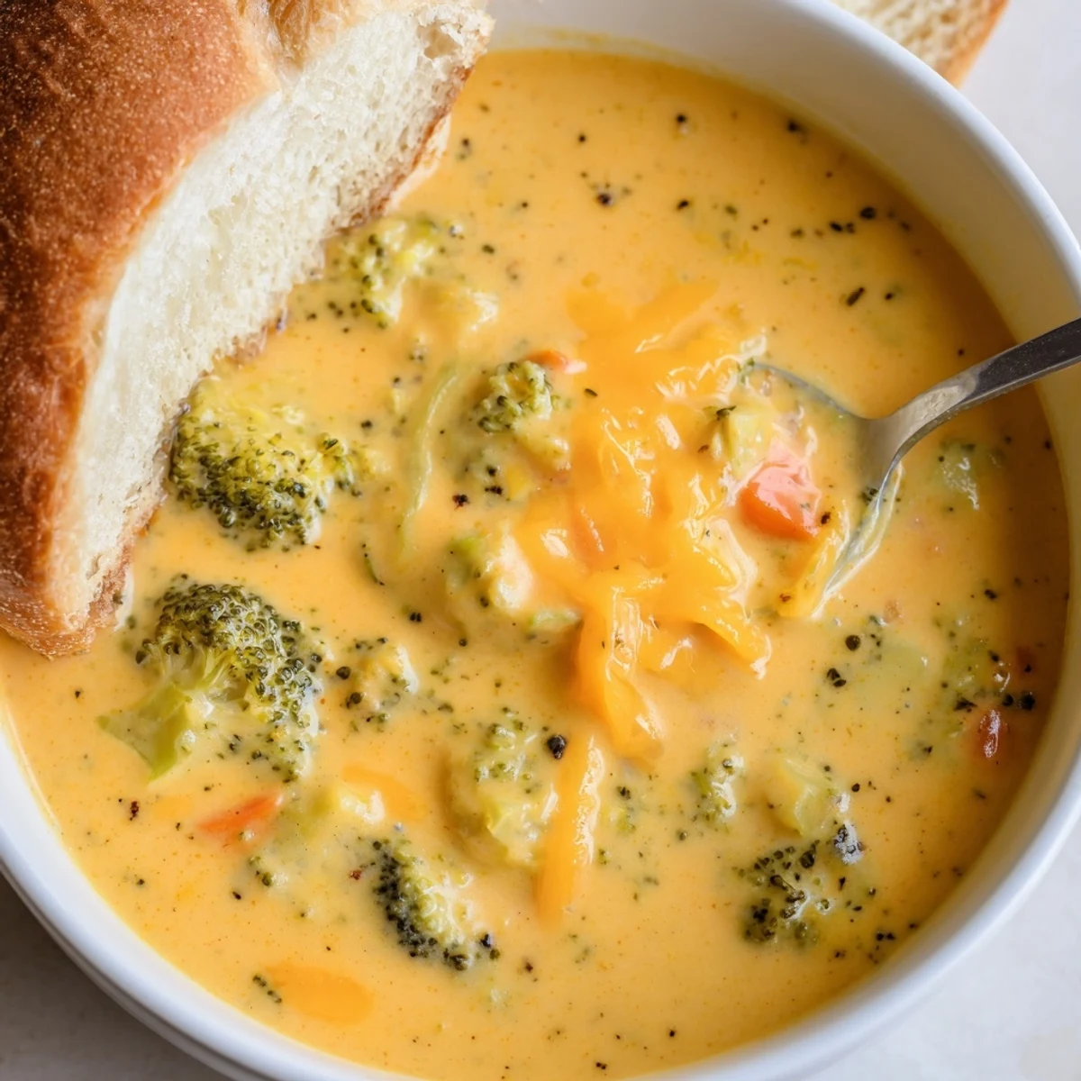 Broccoli florets and sharp cheddar swirl together in this rich, velvety soup, paired with a golden, toasted baguette for a cozy meal.