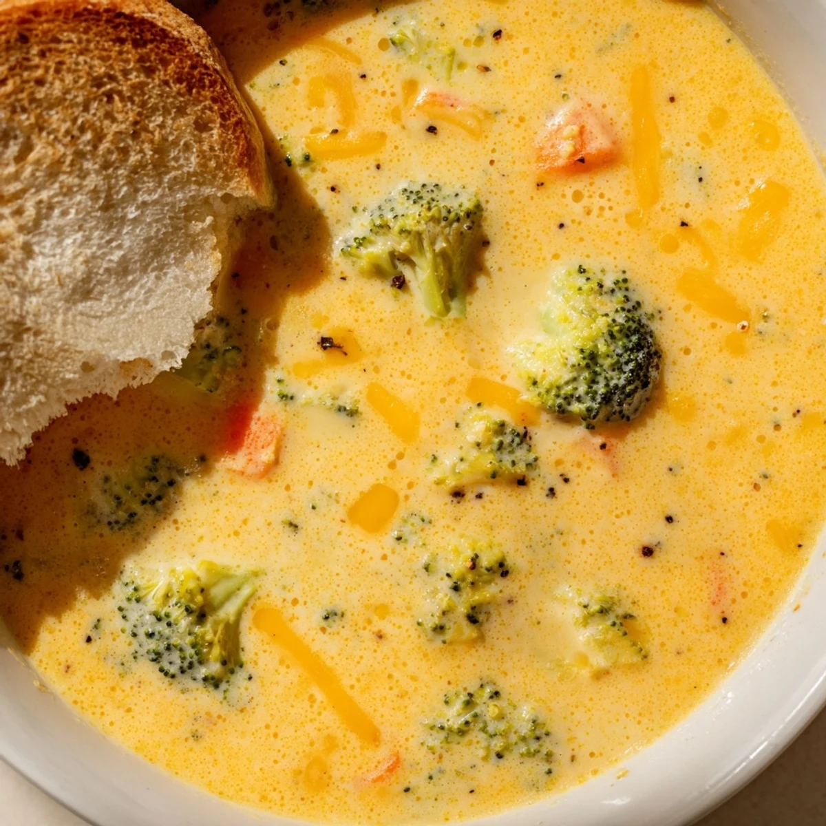 Enjoy this comforting, homemade broccoli cheddar soup ladled into a rustic bowl with fresh bread, perfect for a chilly evening.