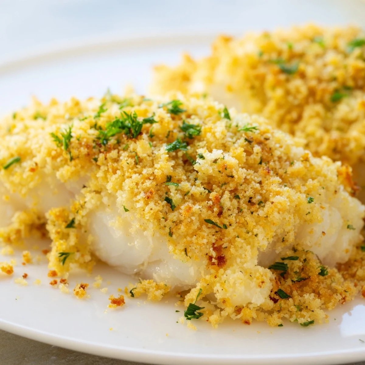 Golden-brown baked cod fillets with a buttery cracker crumb topping, garnished with fresh parsley and served with lemon wedges.