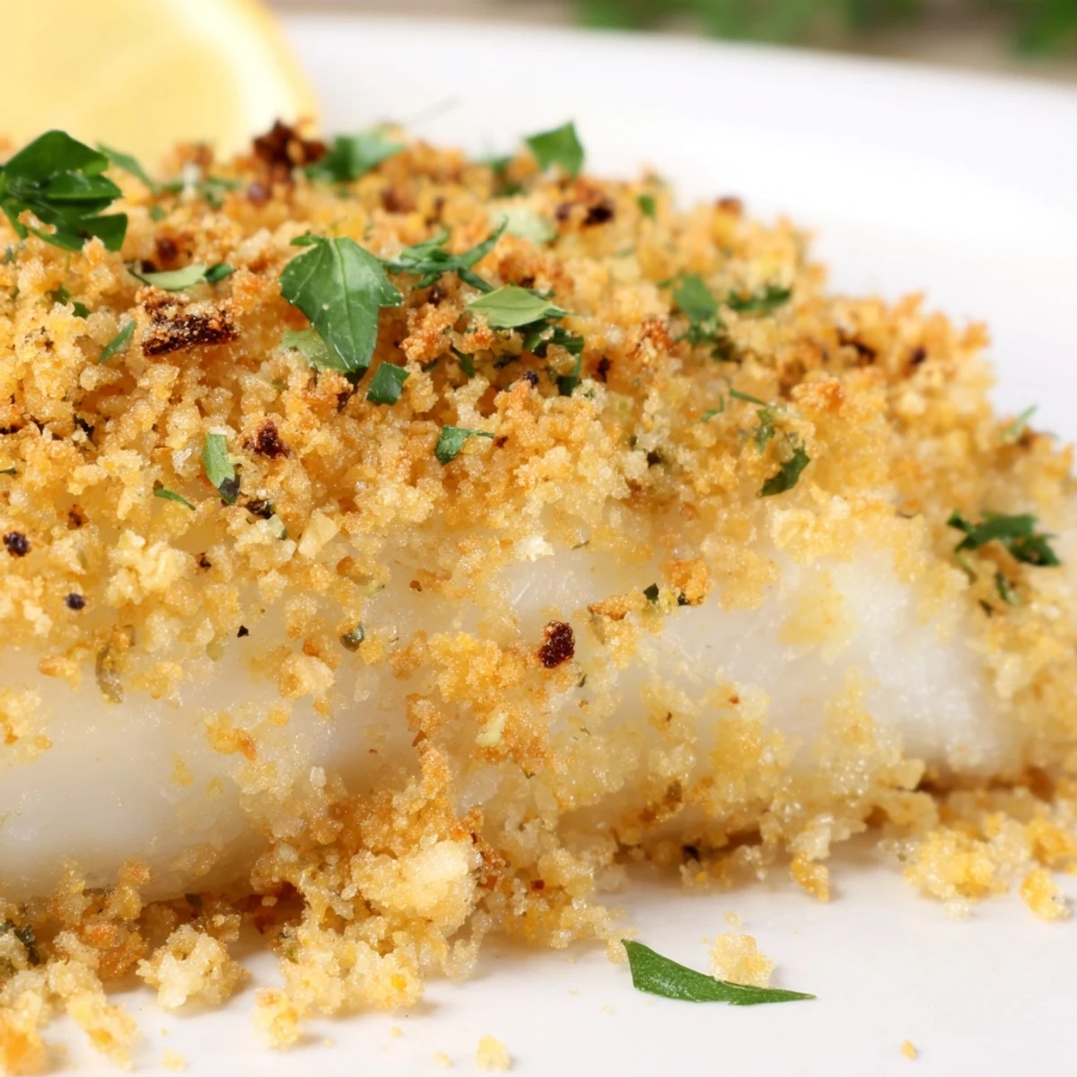 A close view of a golden cracker crumb topping on a flaky baked cod fillet, garnished with fresh parsley.