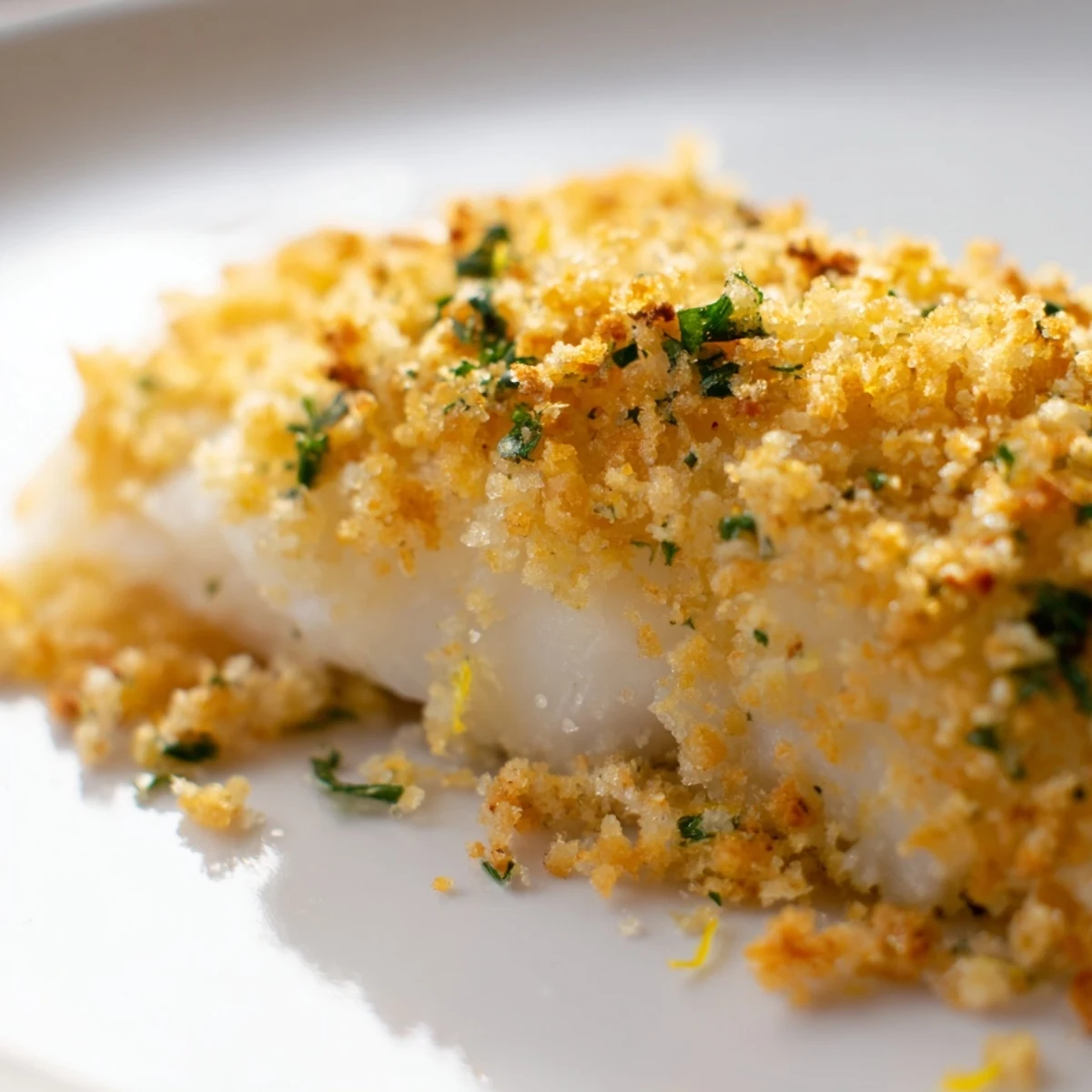 A close-up of tender baked cod fillets topped with crispy Ritz cracker crumbs, drizzled with melted butter and lemon zest.