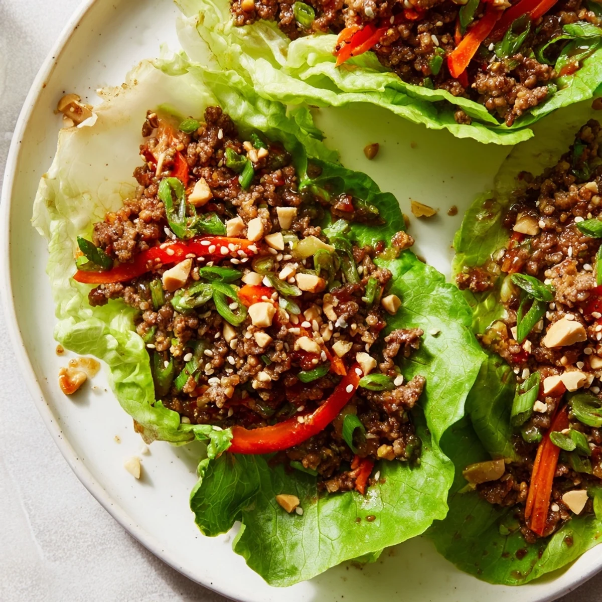 Crisp butter lettuce cups filled with savory ground beef, vibrant red bell peppers, and aromatic ginger, drizzled with tangy hoisin sauce.  