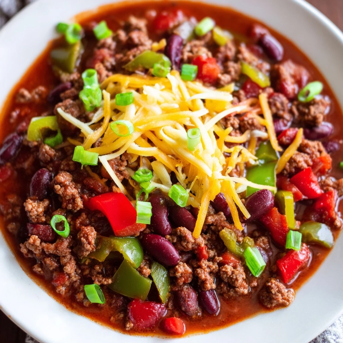 A steaming bowl of Slow Cooker Chili with Ground Beef, topped with melted cheddar, sour cream, and fresh green onions.  