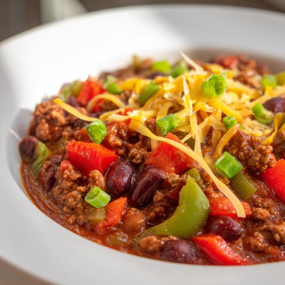 Thick and savory Slow Cooker Chili with Ground Beef in a white bowl, perfect for a cozy family dinner.