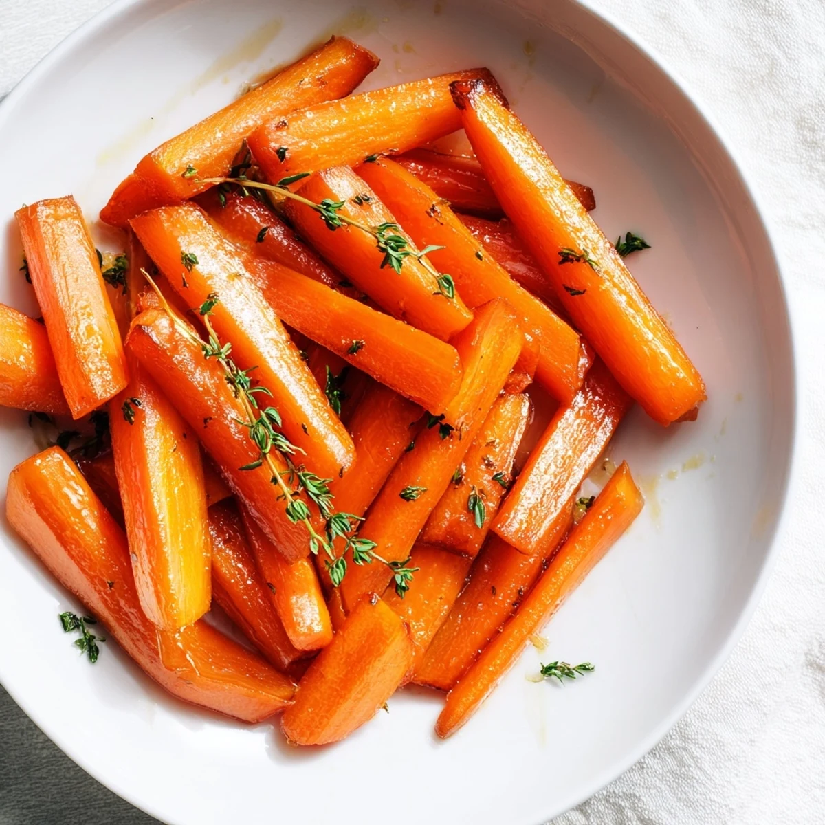 Glossy orange roasted carrots with honey and thyme glisten on a white plate, ready for a vibrant dinner side.