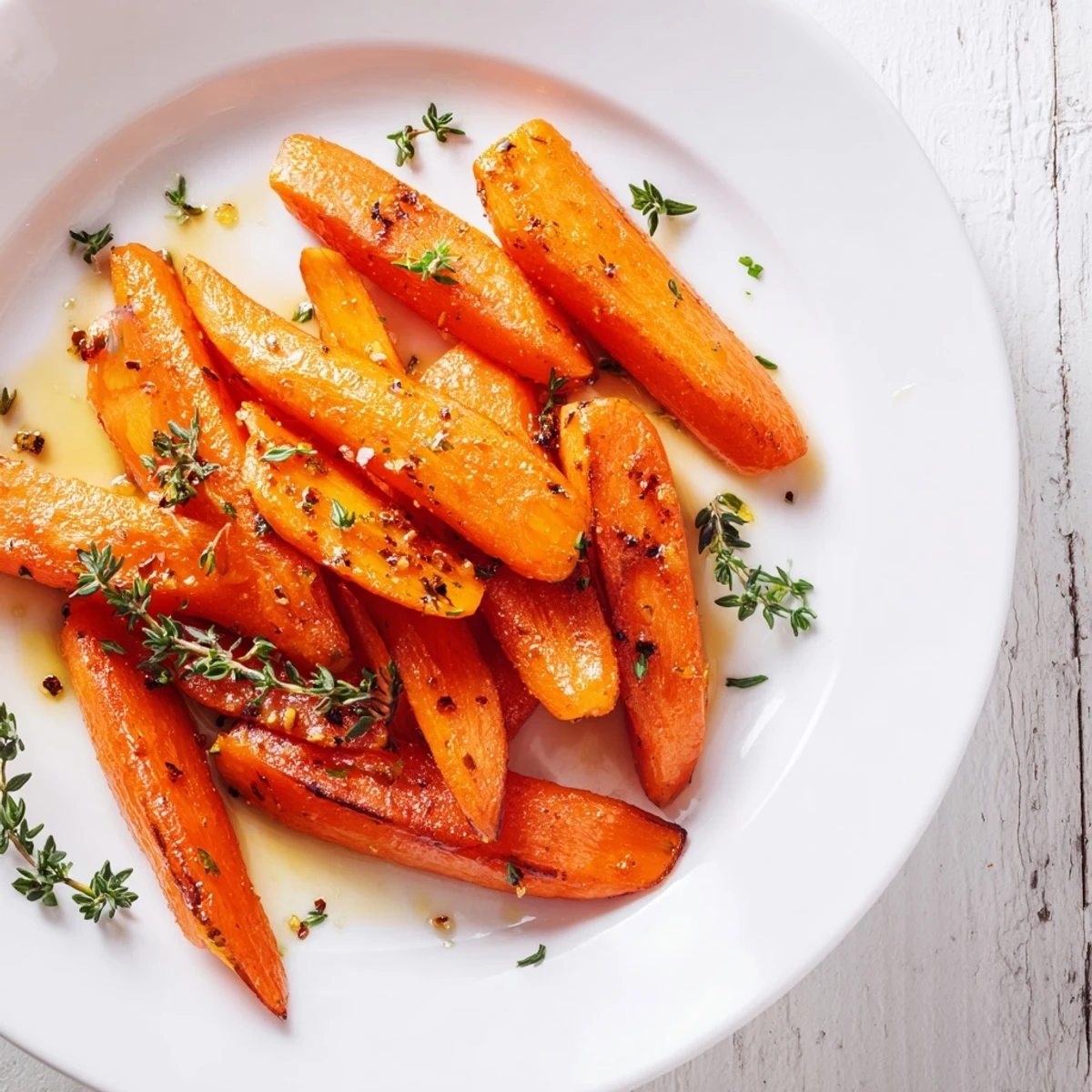 Golden roasted carrots with honey and thyme are arranged with fresh parsley on a rustic wooden serving board.