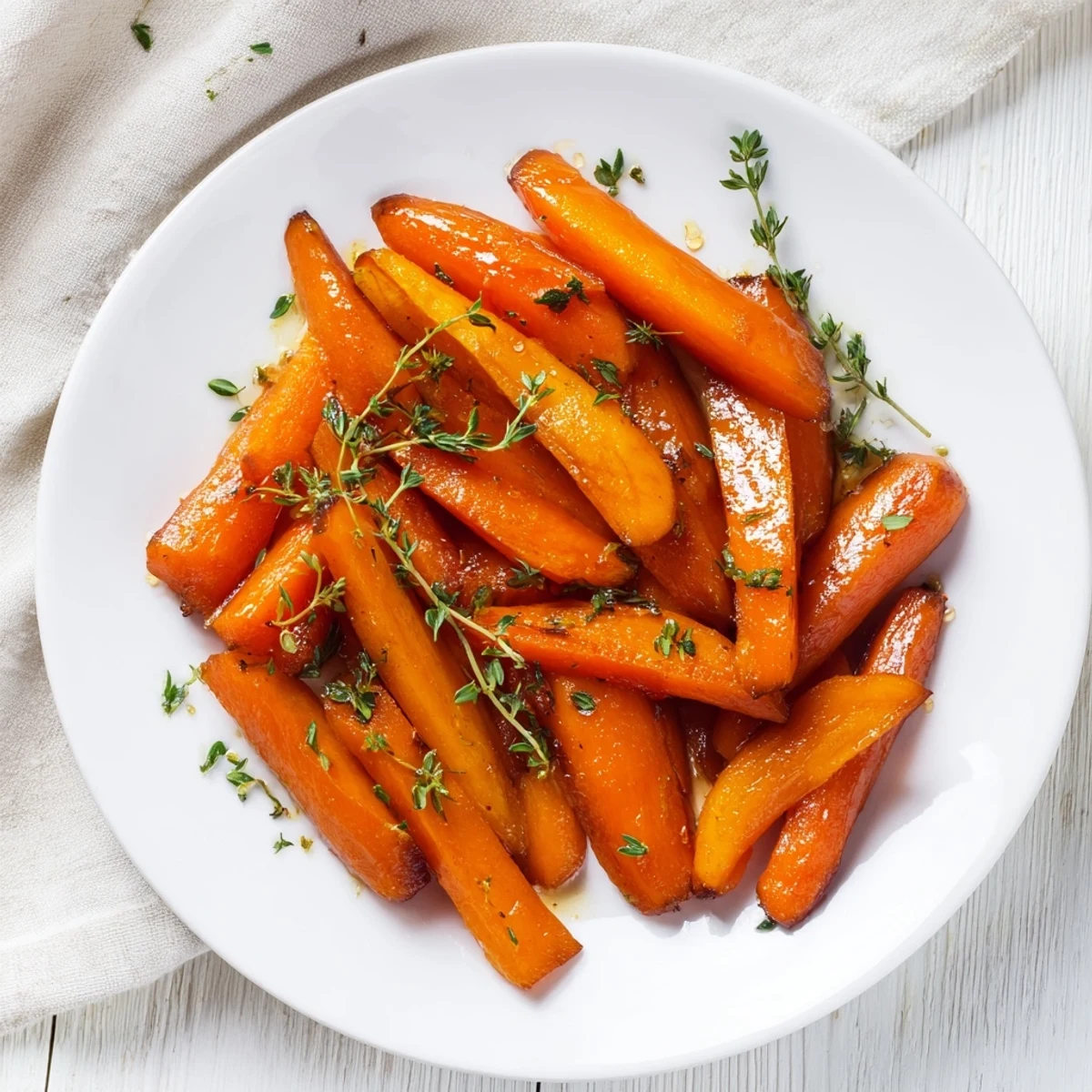 Caramelized roasted carrots with honey and thyme paired with a linen napkin on a cozy kitchen table setting.