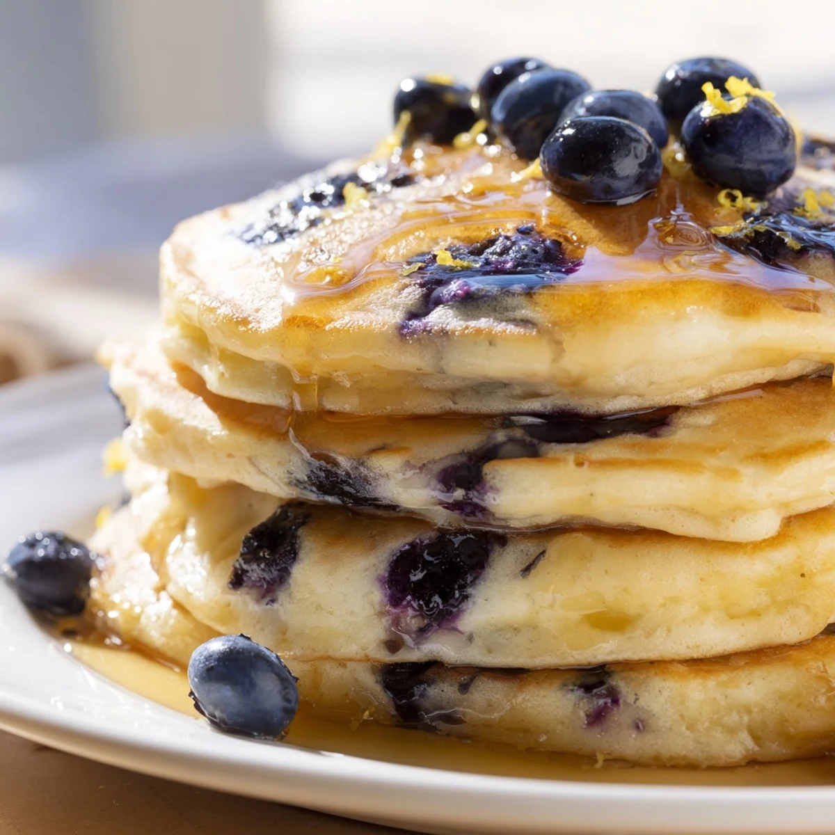 Bright Lemon Blueberry Pancakes with Syrup, speckled with berries and served alongside a small pitcher of syrup.