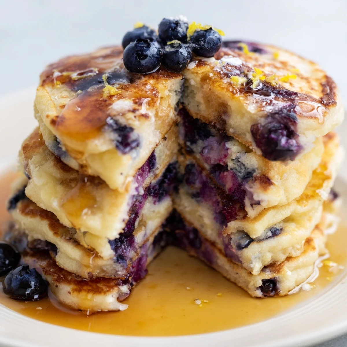 Fluffy stack of Lemon Blueberry Pancakes with Syrup, golden edges and a drizzle of warm maple on top.