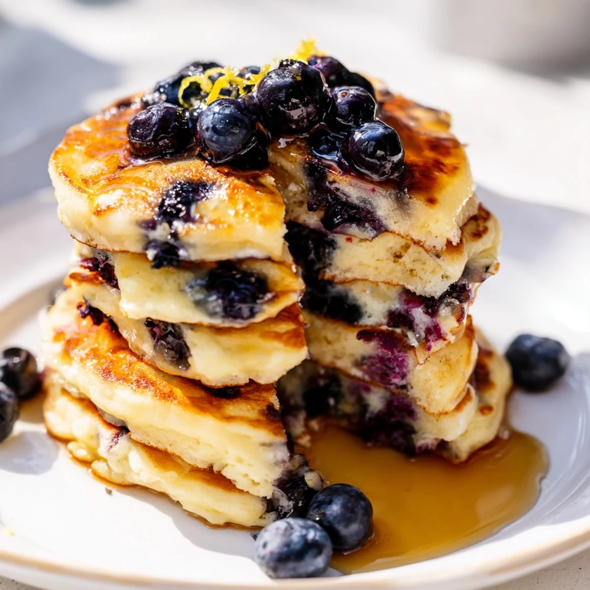 A close-up of Lemon Blueberry Pancakes with Syrup, fluffy texture and lemon zest garnish for a perfect breakfast.
