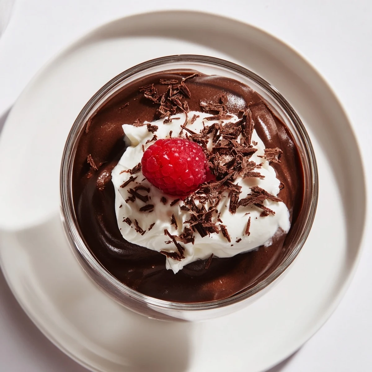 A close-up of Chocolate Mousse with Whipped Cream in a glass, showing its silky texture and garnished with chocolate shavings.  