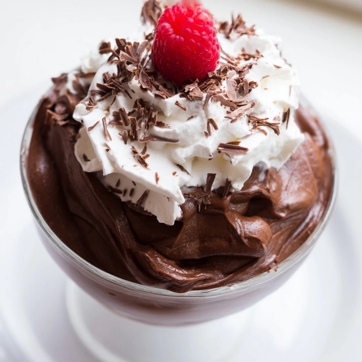 Chocolate Mousse with Whipped Cream served in a clear cup, with a light, airy texture and a drizzle of chocolate sauce.