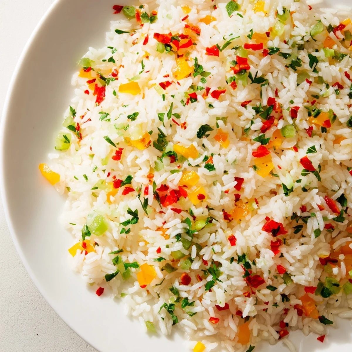The finished Creole Rice Pilaf with Peppers shows fluffy rice studded with red and green bell peppers and flecked with fresh parsley.  