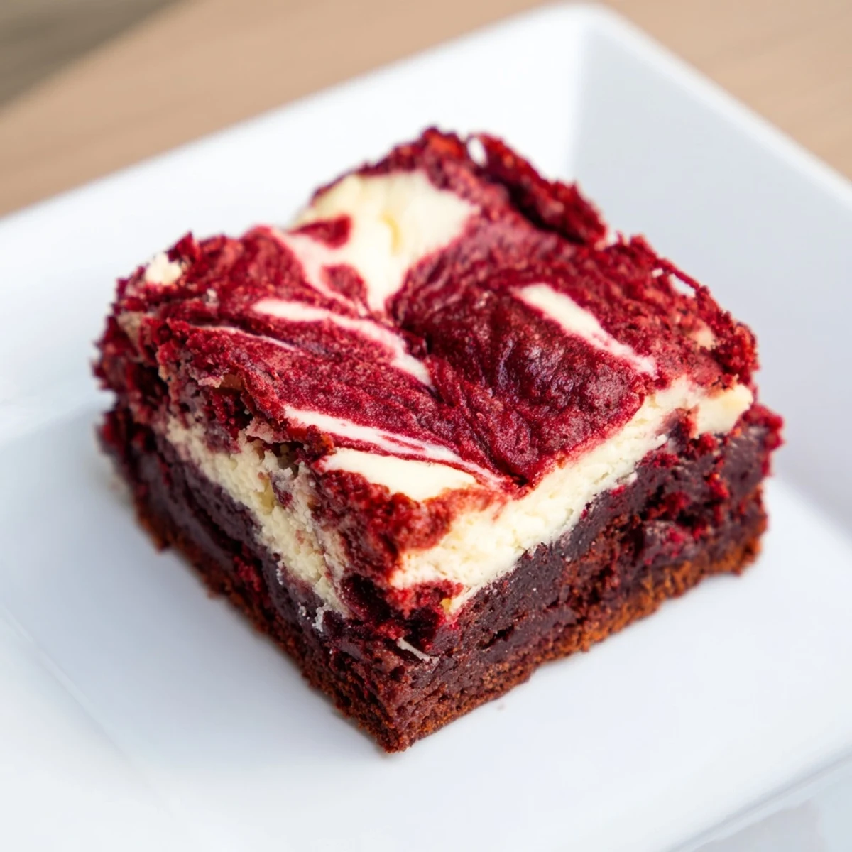 A close-up slice of red velvet brownies with cheesecake swirl, showing the deep red crumb and creamy white swirl on a wooden board.