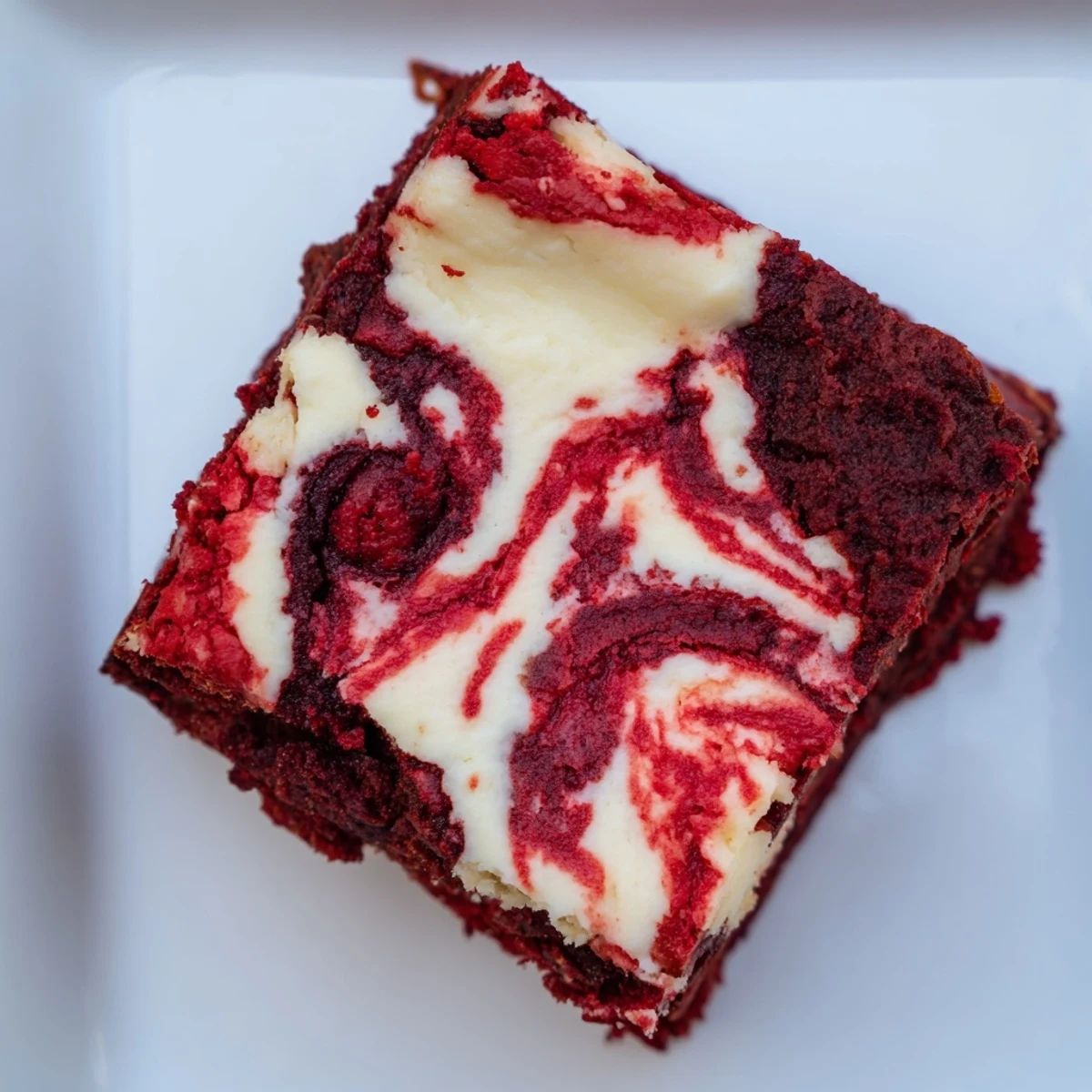 Freshly baked red velvet brownies with cheesecake swirl cut into squares, ready to serve with a glass of cold milk.