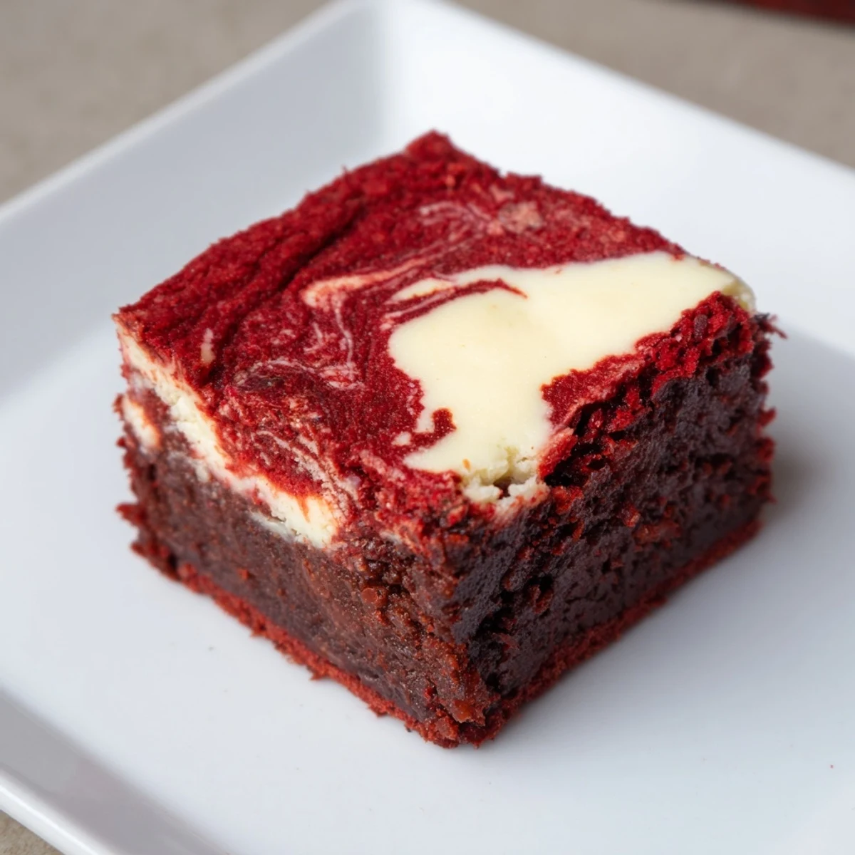 Overhead view of red velvet brownies with cheesecake swirl on a marble counter, garnished with fresh raspberries for a bright pop.