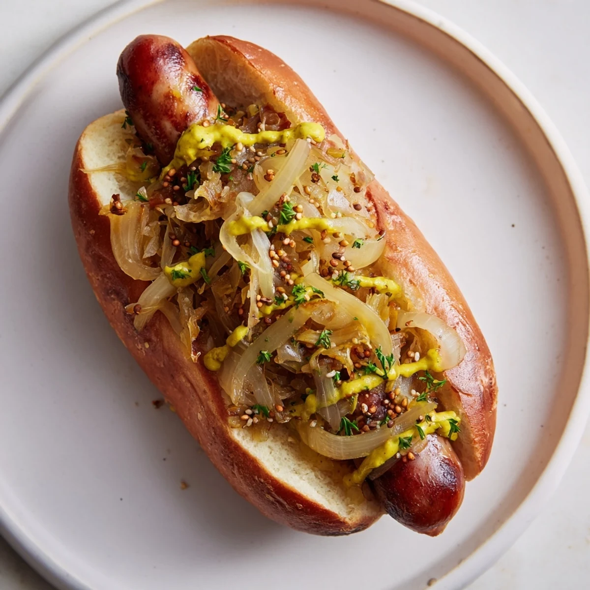 Grilled halal bratwurst nestled in a toasted bun, topped with warm sauerkraut and a drizzle of mustard for a classic tailgate snack.