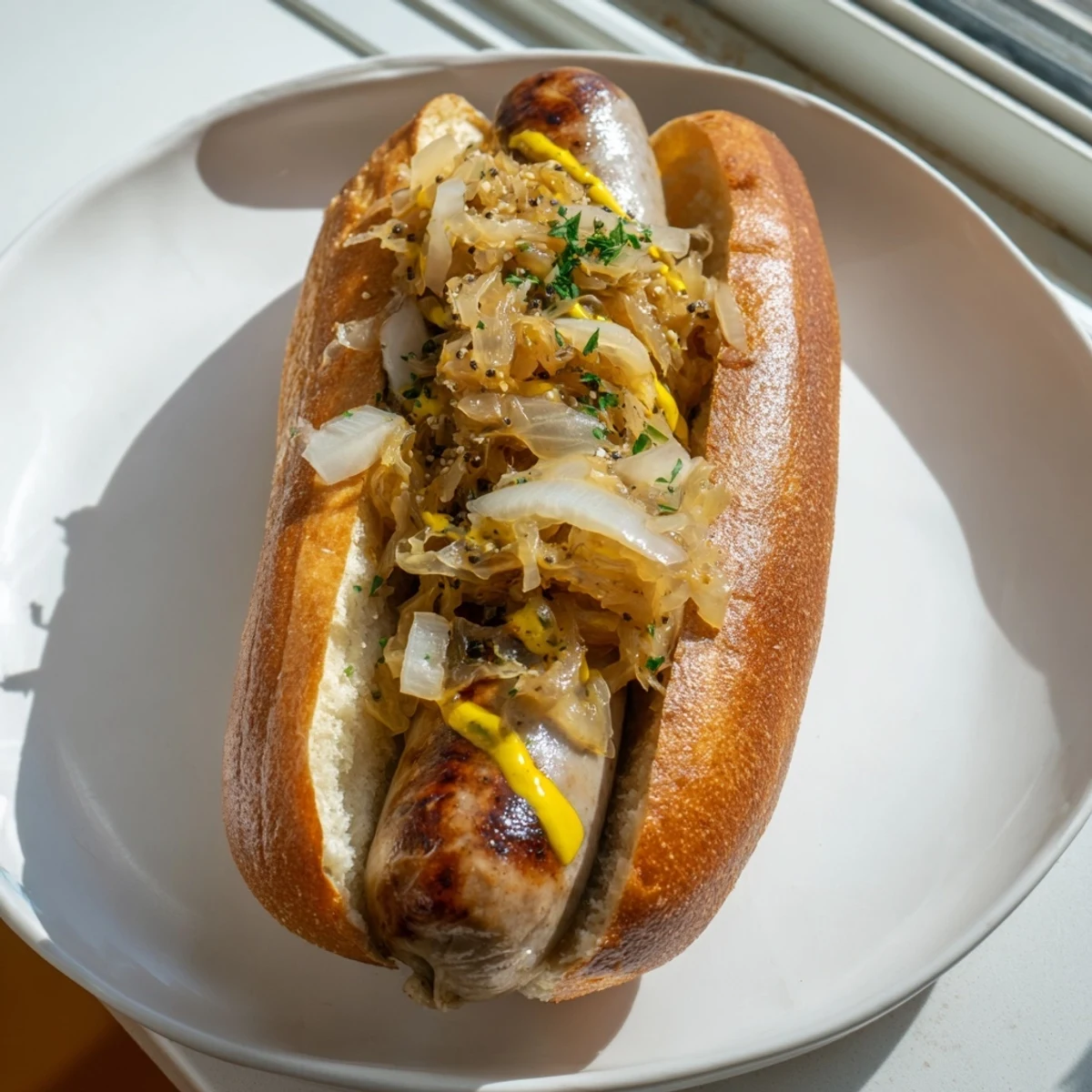 Juicy bratwurst and tangy sauerkraut served on a soft roll, perfect for an easy German-American main dish or stadium-style meal.