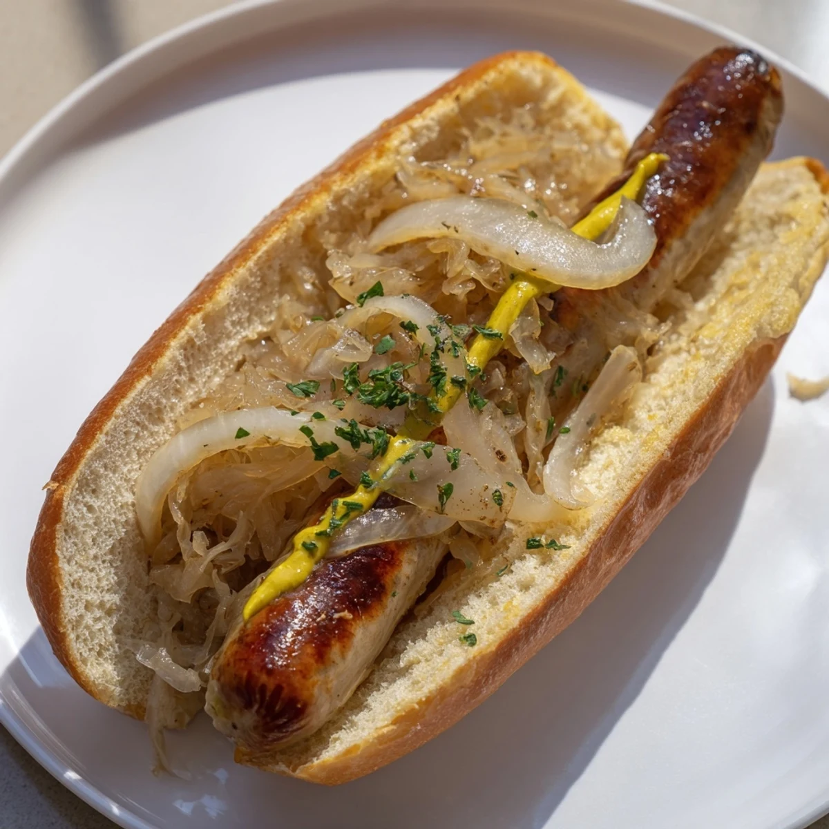 Golden grilled halal bratwurst in a bun, piled high with savory sauerkraut and fresh parsley, ideal for a quick weeknight dinner.