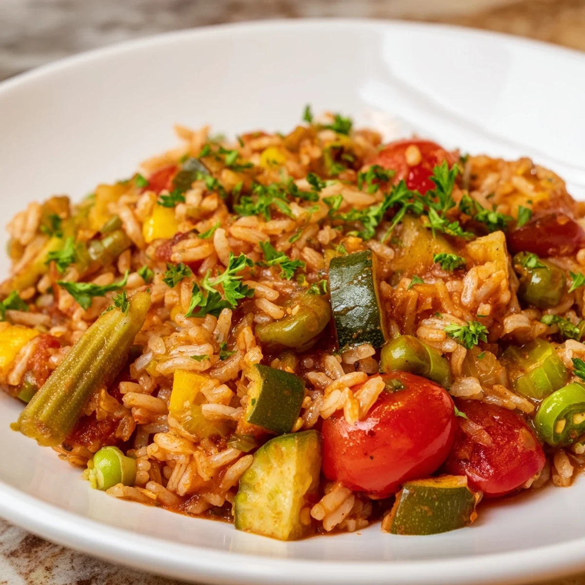 A vibrant Mardi Gras Veggie Jambalaya in a Dutch oven, featuring colorful bell peppers, zucchini, and okra against a rustic wooden table backdrop.