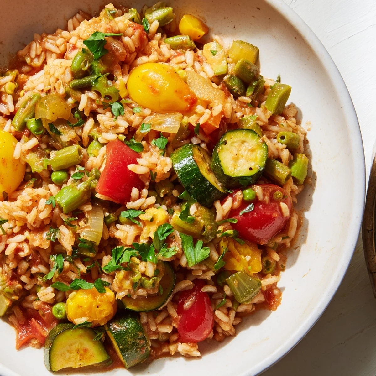 Steam rises from a hearty bowl of Mardi Gras Veggie Jambalaya, garnished with fresh parsley and green onions for a festive Creole-inspired meal.