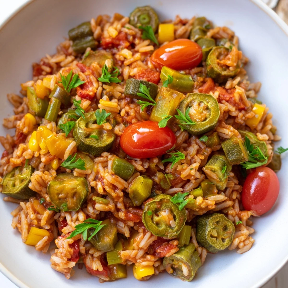 Close-up view of Mardi Gras Veggie Jambalaya revealing tender rice, cherry tomatoes, and peas, ready to be served with a dash of hot sauce.