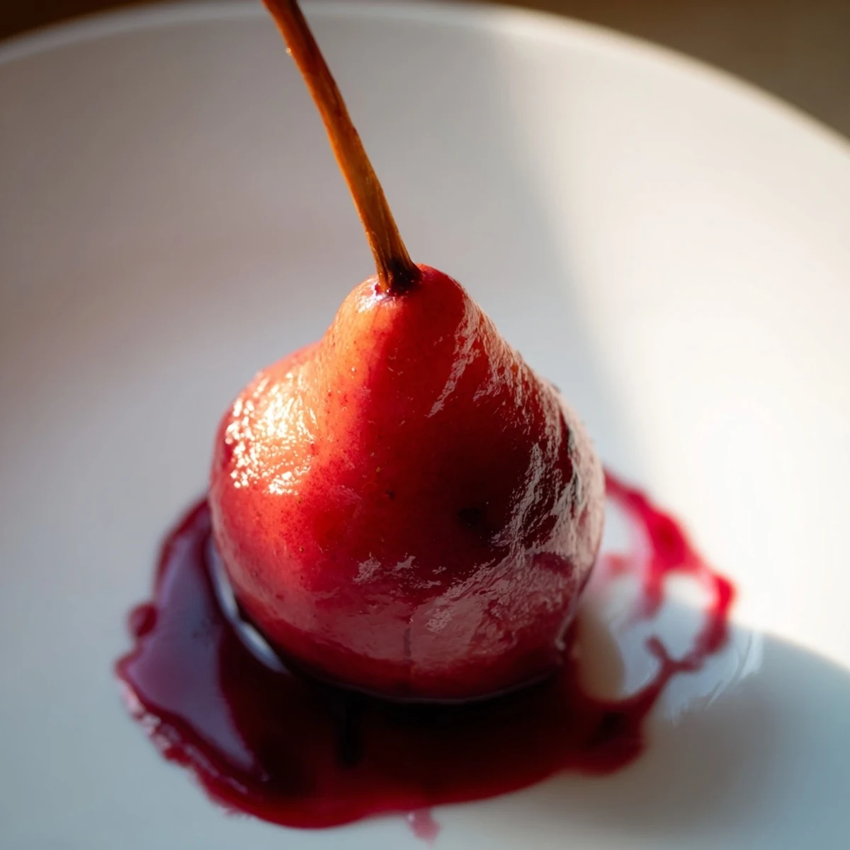Close-up of Romantic Poached Pears in Grape Juice, syrupy and deep-hued, perfect with almond biscuits on a cozy date night.