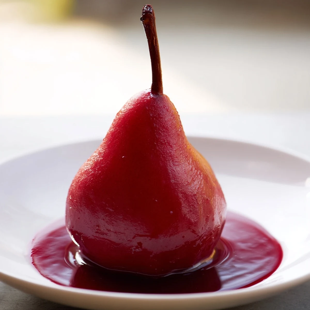 Fresh mint garnish highlights these Romantic Poached Pears in Grape Juice, served warm alongside a scoop of vanilla ice cream.