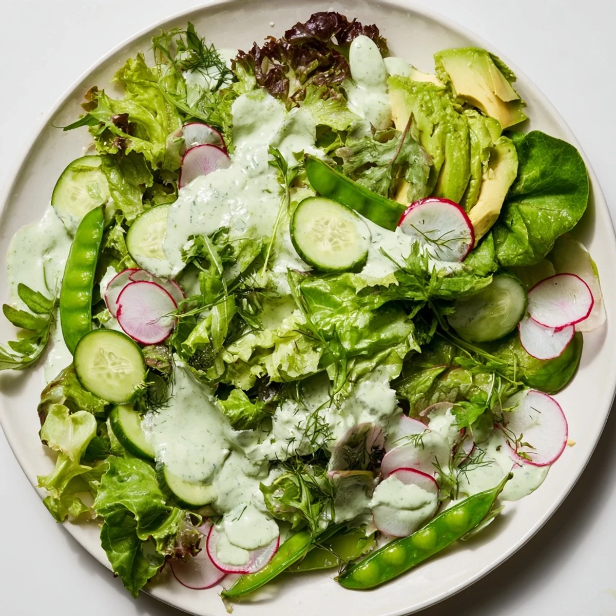Crisp mixed greens, cucumber, and creamy avocado tossed in a vibrant green goddess dressing.