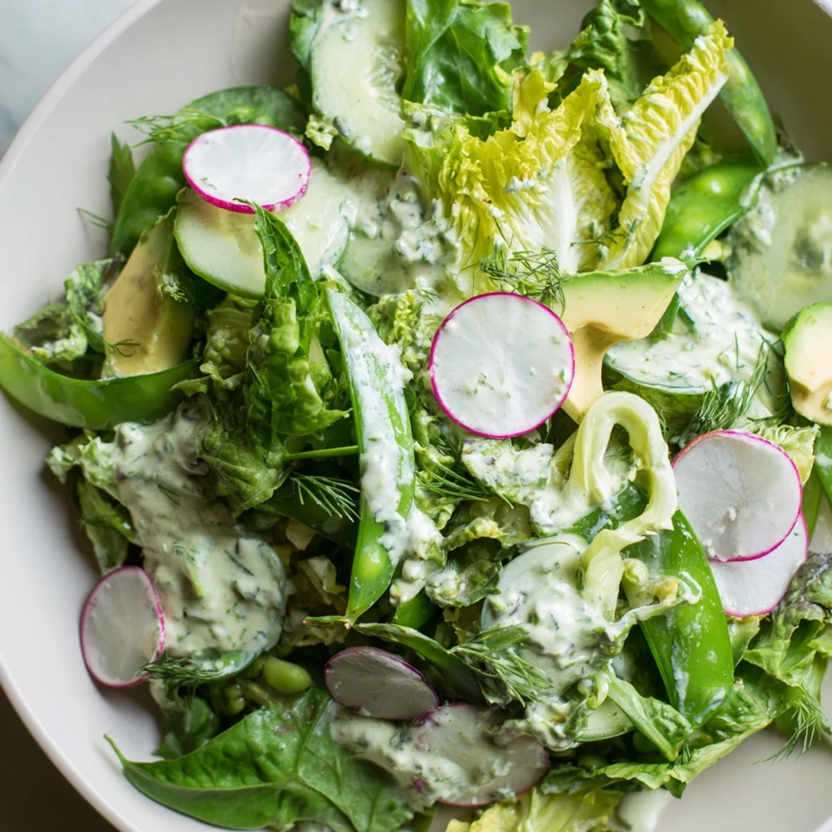 Freshly blended green goddess dressing drizzled over a colorful salad, perfect for a light lunch.