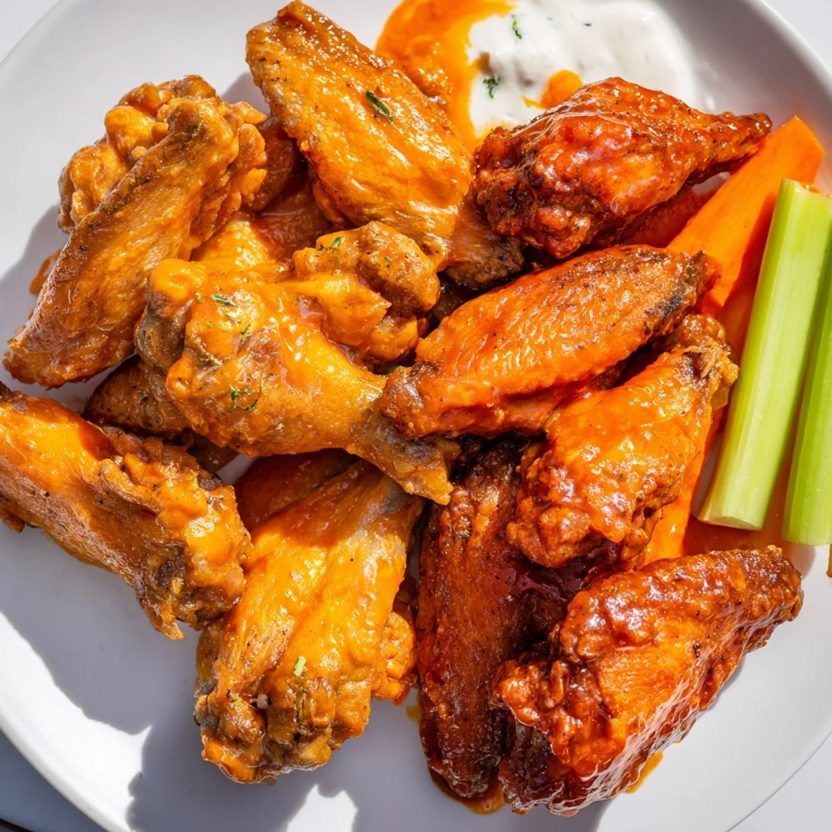 A close-up of the Big Game Wing Platter with Sauces showcases glazed and plain wings alongside ranch for a crowd.