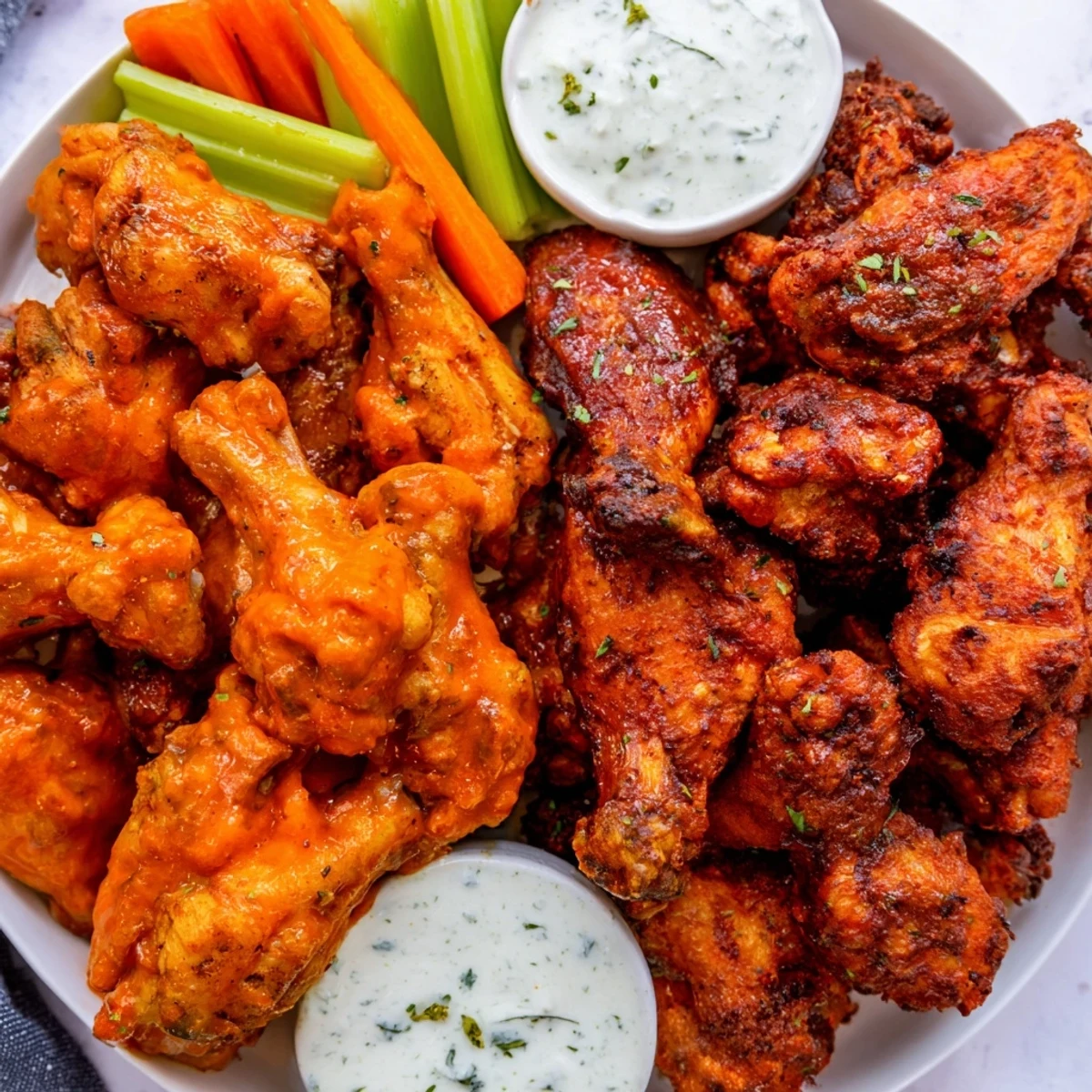 Golden crispy Big Game Wing Platter with Sauces is garnished with celery sticks and a trio of dipping options.