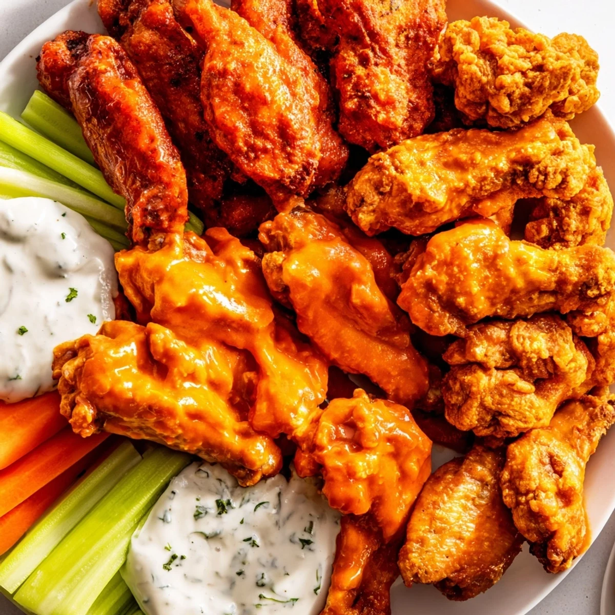 Freshly baked Big Game Wing Platter with Sauces features golden wings, carrot sticks, and vibrant sauces perfect for game day.