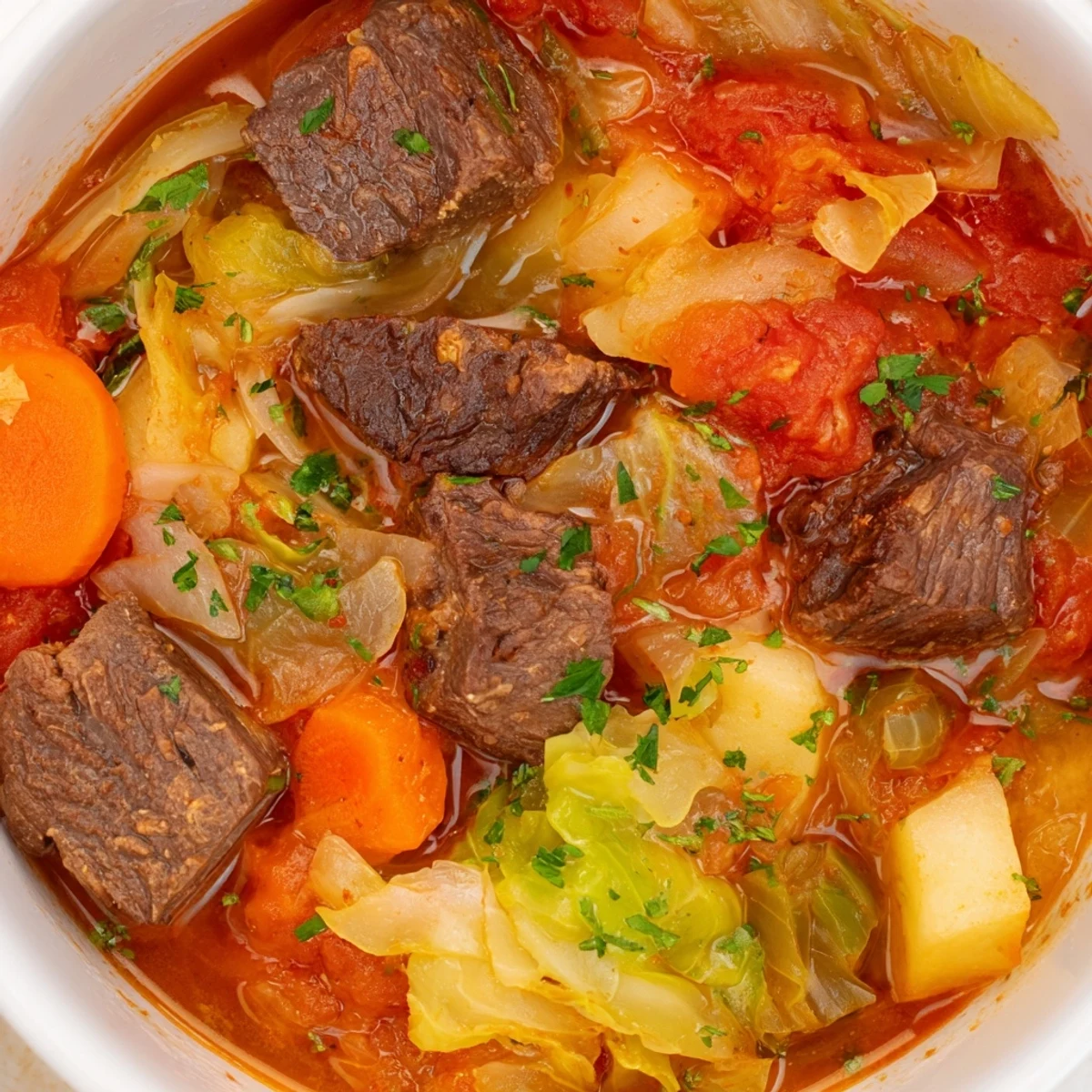 A close-up of St. Patrick's Day Cabbage and Beef Soup in a rustic bowl, featuring tender chunks of halal beef, vibrant green cabbage, and diced potatoes swimming in a rich, savory broth.